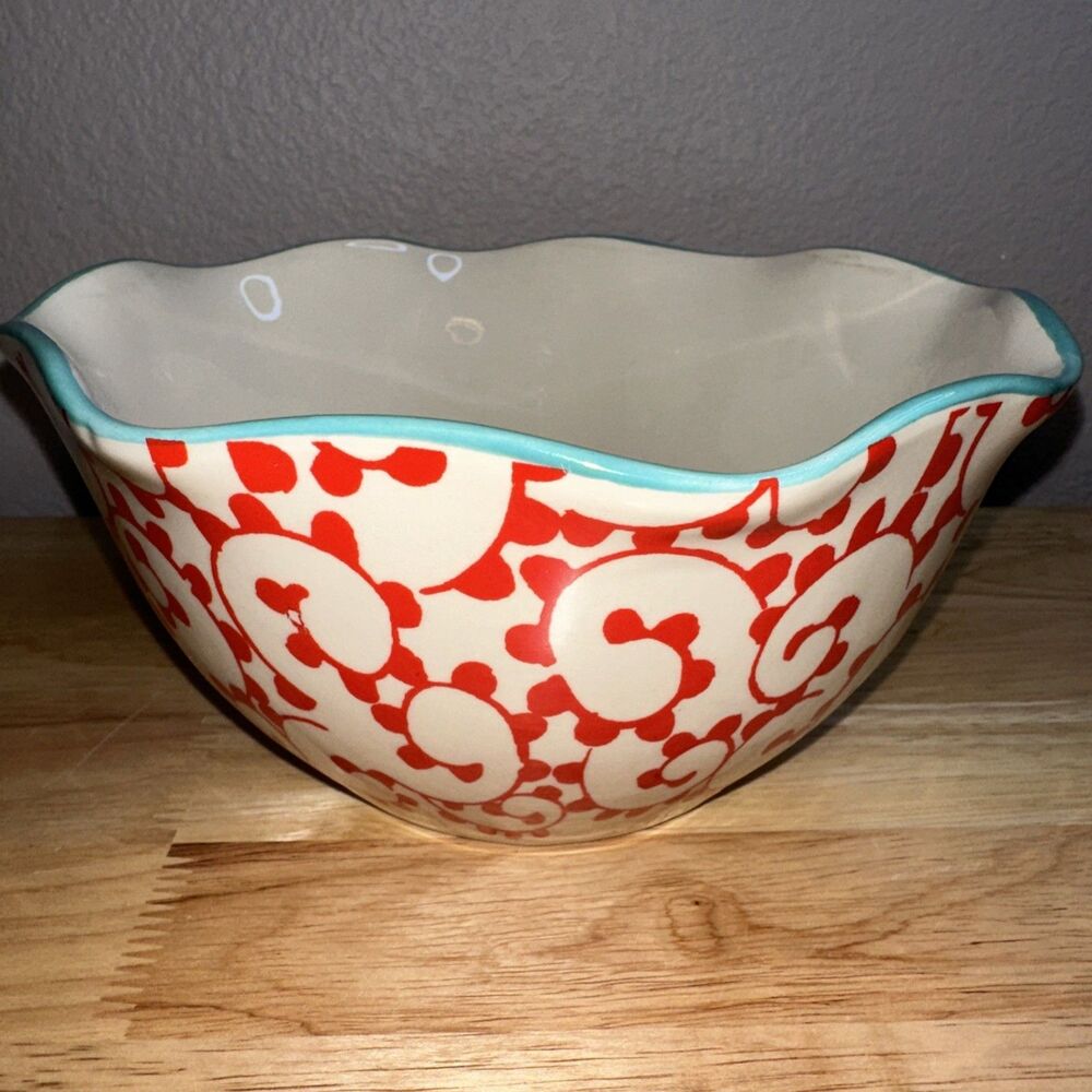 Pioneer Woman Flea Market Red Swirl Ruffles Scalloped Serving Mixing Bowl